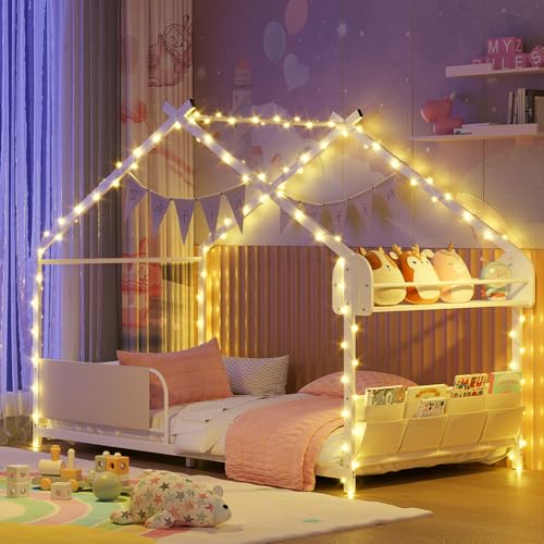 Twin Size Montessori House Bed Frame with Storage Shelf and Guardrails