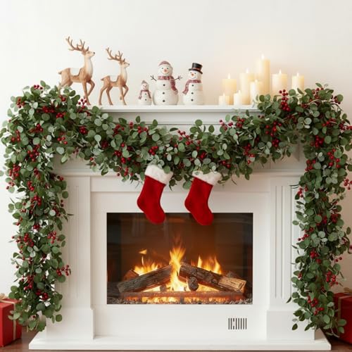 XunYee 1 Pcs 6ft Artificial Eucalyptus Garland with Red Berries – Christmas Holiday Decor (Variation: THIS listing: 1)