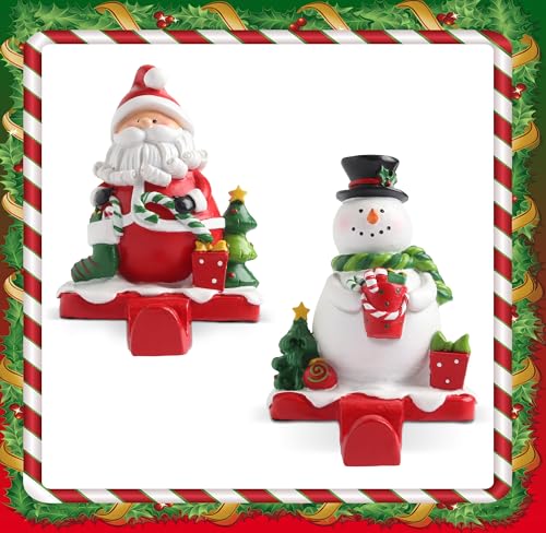 Christmas Santa & Snowman Stocking Holders Set - Holiday Mantel Hooks