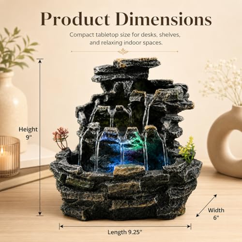 9-Inch Indoor Tabletop Water Fountain with LED Light, Zen Waterfall Decor