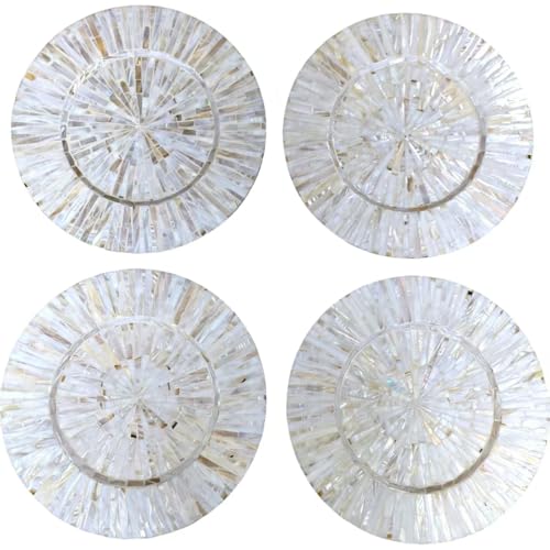 Champagne White 4-Piece Wooden Mother of Pearl Charger Plates Set - Radiating Gold Inlay, Artisanal Round Placemats for Weddings & Holidays