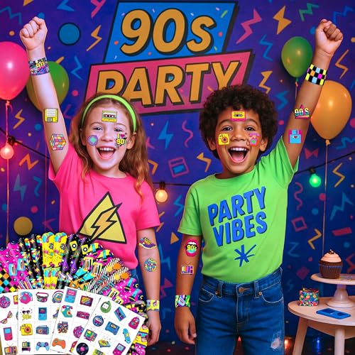72-Piece 80s and 90s Retro Party Favor Set with Slap Bracelets and Tattoos