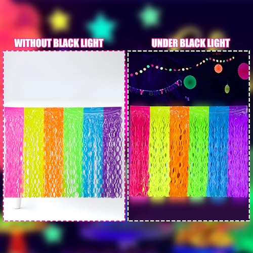 2 Pack Neon Tinsel Foil Fringe Table Skirts - UV Reactive Glow Party Decor