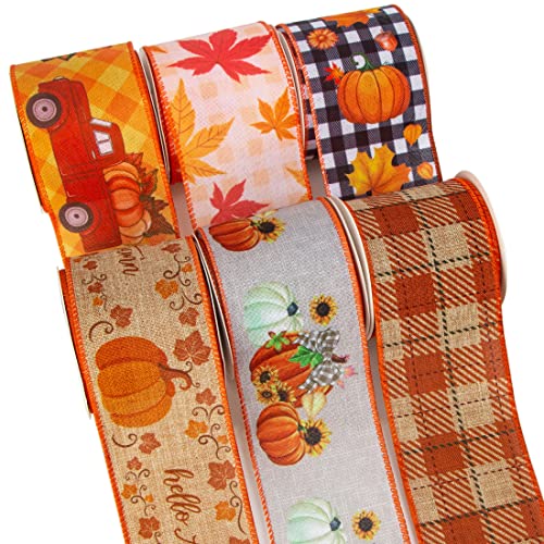 Ribbli Fall Ribbon, 6 Rolls Wired 2.5 in x 90 ft — Autumn Plaid & Maple Leaves Decorating Ribbon