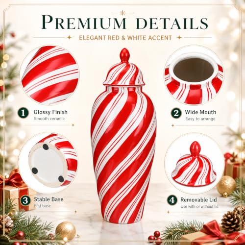 Tiangrid 18'' Large Red Christmas Candy Ginger Jar with Lid - Holiday Decor