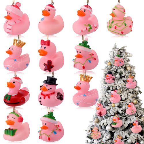 Syhood Pink Christmas Rubber Ducks Hanging Ornaments - Pack of 12
