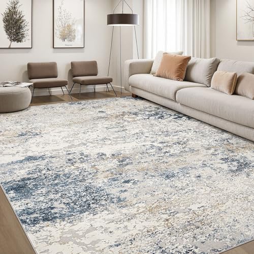 8x10 Washable Abstract Area Rug, Neutral Beige and Blue Non-Slip Carpet
