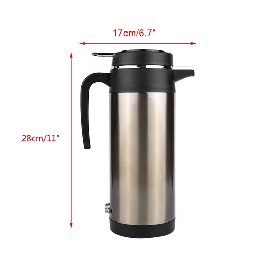 Acouto 12V Car Electric Kettle 1000ML Stainless Steel Car Electric In-car Kettle Travel Thermoses Heating Water Bottle Heating Cup