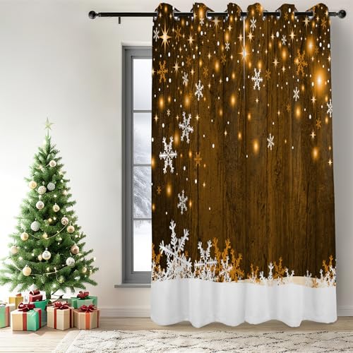 Brown Wood Grain Snowflake Christmas Window Curtains 2 Panels 42W x 84L