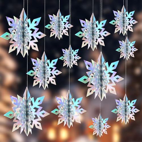 VziareBe Iridescent 12-Pack 3D Snowflake Christmas Decorations - Large Hanging Ornaments for Winter Wonderland, Xmas Party