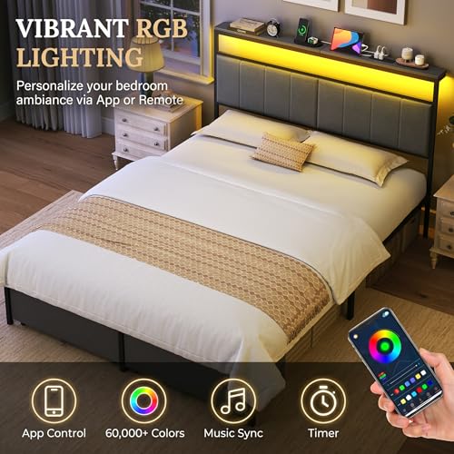 Queen Upholstered Platform Bed Frame with Storage Drawers & LED Headboard