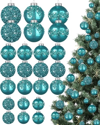 Civaner 24 pcs Teal Glitter Christmas Ornaments Set - Holiday Tree Decorations