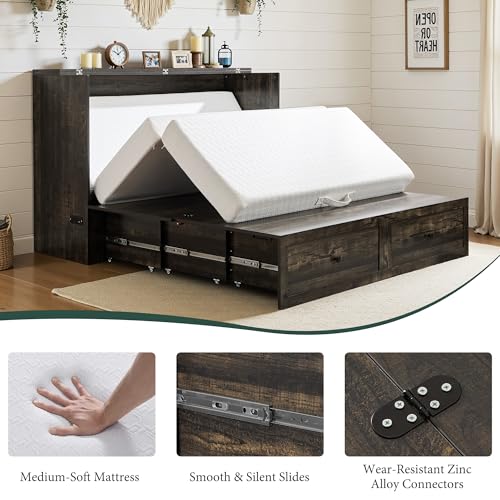 Queen Murphy Bed with Memory Foam Mattress, Storage Drawer & Charging Station