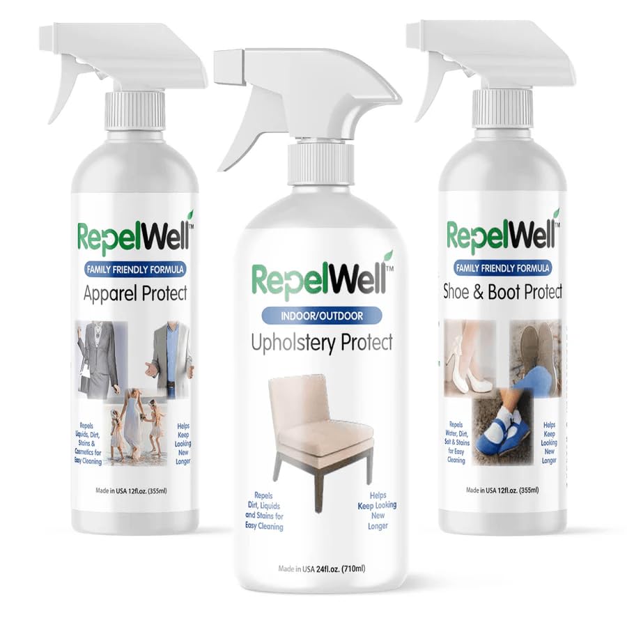 RepelWell 3-Pack Total Care Kit | Fabric & Footwear Protection Spray Bundle - Shoe & Boot, Upholstery, and Apparel Protectant spray – Stain & Water Repellent for Home, Clothes & Gear – Non-Toxic