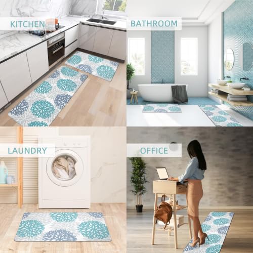 2-Piece Teal Anti-Fatigue Kitchen Mat Set, Cushioned Waterproof Floor Rugs