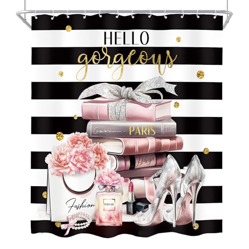 4-Piece Girly Bathroom Shower Curtain Set with Rugs and Hooks