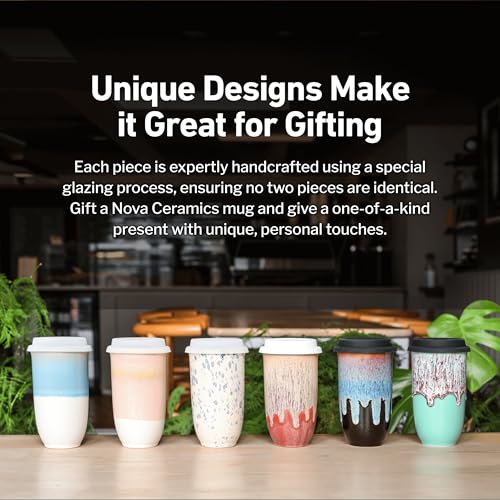 NOVA CERAMICS Monsoon 16oz Ceramic Travel Mug - Green Coffee Tumbler, Microwave & Dishwasher Safe