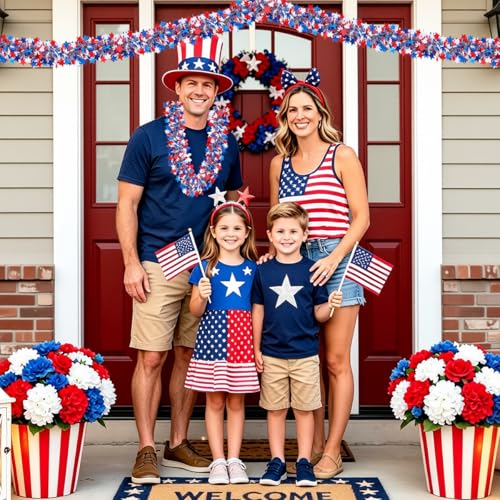 Patriotic Red White Blue Star Tinsel Garland - 33ft Metallic Party Decor
