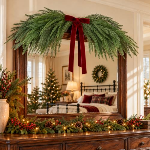 Waipfaru 26 Inch Artificial Norfolk Pine Christmas Mirror Garland with Red Bow - Reusable Holiday Decor