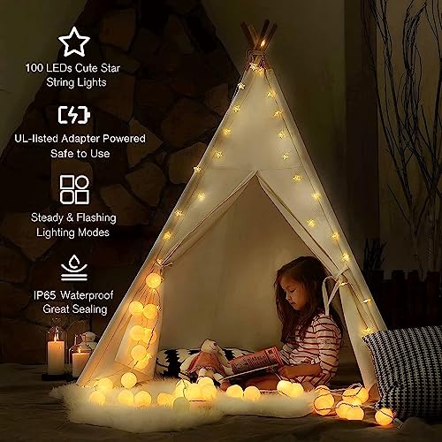 Minetom 33ft 100 LED Star String Lights Plug In Warm White with Remote