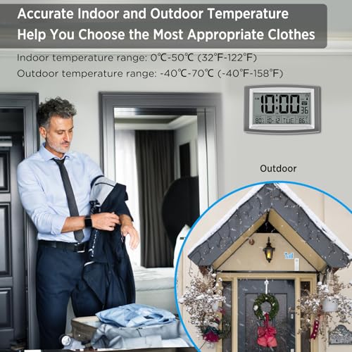 Atomic Self-Setting Digital Wall Clock with Indoor/Outdoor Temperature Sensor