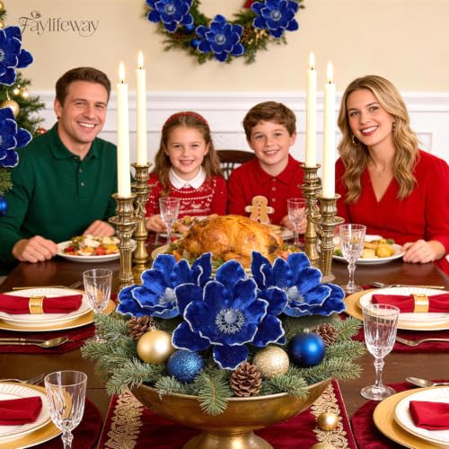 Blue 8PCS Large Christmas Magnolia Flower Decorations for Tree & Wreath