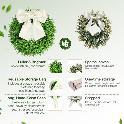 24-Inch UV-Resistant Boxwood Wreath for Front Door with Decorative Sash