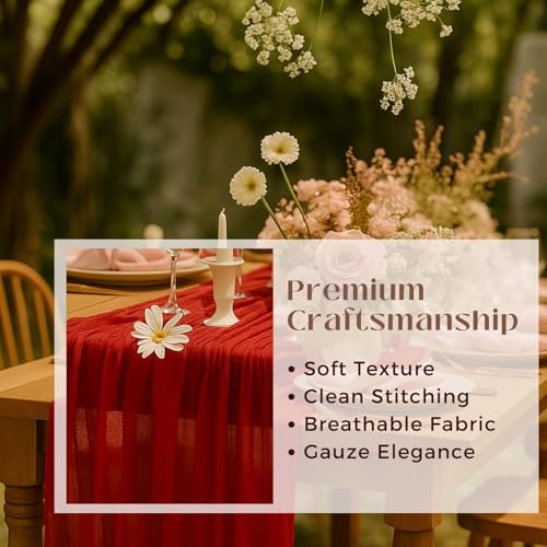 Red Cheesecloth Table Runner 120-Inch Rustic Boho Gauze Table Decor