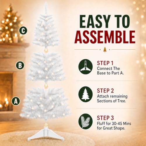 PineSpark 4ft White Christmas Tree with 50 LED Lights - Winter Wonderland Slim Pencil