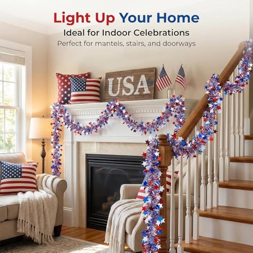 Patriotic Tinsel Garland 5-Pack (32.8 ft) - Red White & Blue Metallic Star Decor