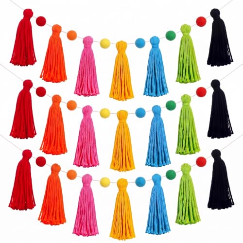3-Piece Pastel Rainbow Tassel Garland, Boho Pom Pom Wall Hanging Decor