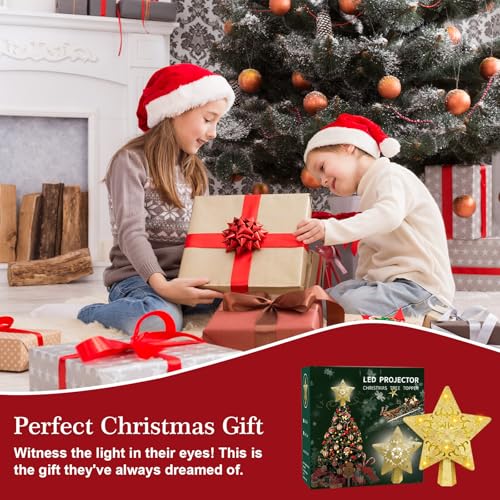Sparkling Gold Star Christmas Tree Topper with LED Rotating Projector