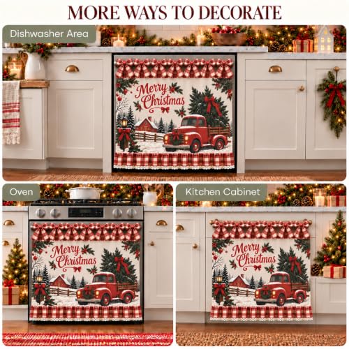 Xagahb Red Truck Christmas Oven Skirt Curtain with Tie Top Farmhouse Decor