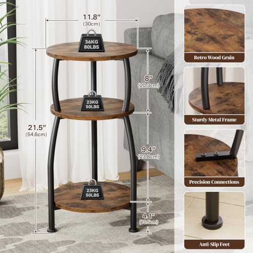 Yuede 11.8'' Rustic Brown 3-Tier Round Side Table for Small Spaces