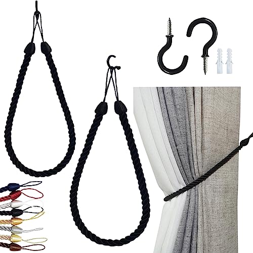 28-Inch Hand-Woven Curtain Tiebacks - Black Decorative Rope Holdbacks