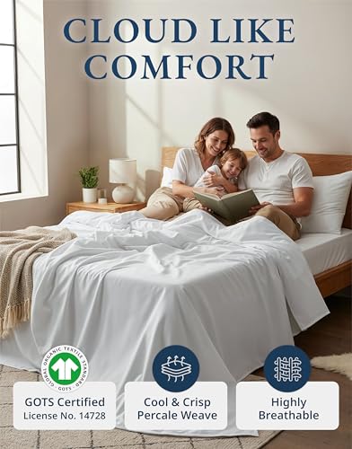 Lane Linen Queen Sheet Set 100% Organic Cotton Percale Cooling White