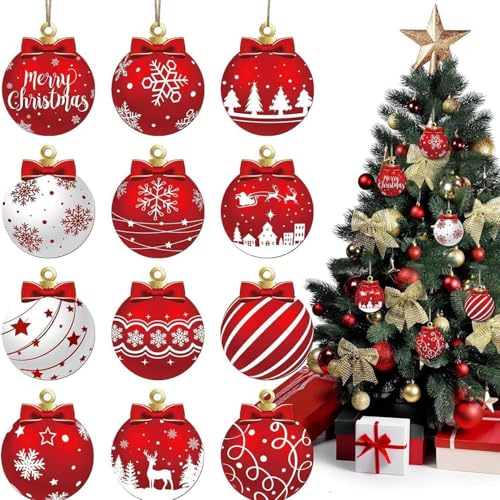 PBPCGBW 12Pcs Red and White Christmas Tree Ornaments - Flat Ball Decorations - Christmas-12