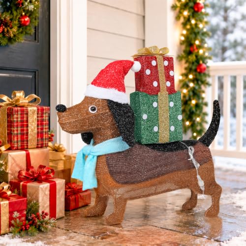 2.5ft x 2.3ft Lighted Christmas Dachshund Holiday Decor with Santa Hat & Gifts