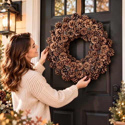 Dark Brown 18 Inch Fall Wreath with Pine Cones for Front Door & Decor
