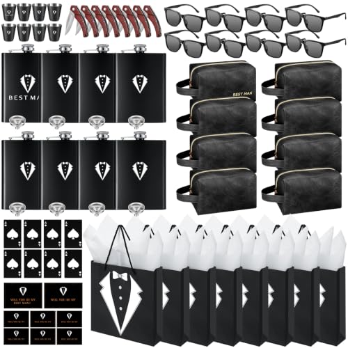 Rigibright 80 Pcs Black Groomsmen Gift Set for Wedding - Flasks, Shot Glasses & More