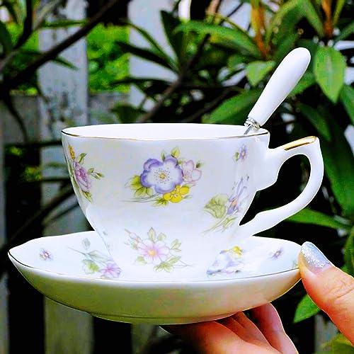 Pfedxoon Bone China Coffee Cup with Saucer & Spoon Set - 6.8oz Tea & Espresso Cups