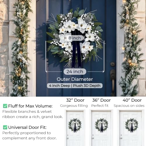 24 Inch White Magnolia Winter Wreath with Navy Ribbon & Silver Berries