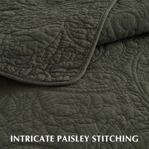 EverGrace 100% Cotton Paisley Quilt Set - King, Olive Green, 3 Pieces