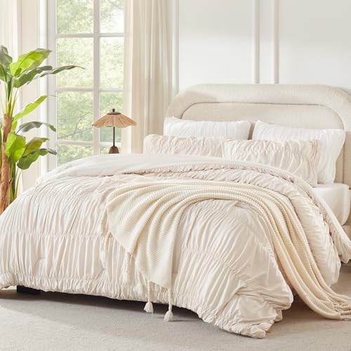 Beige Ruched Queen Comforter Set - 3 Piece Boho Bedding