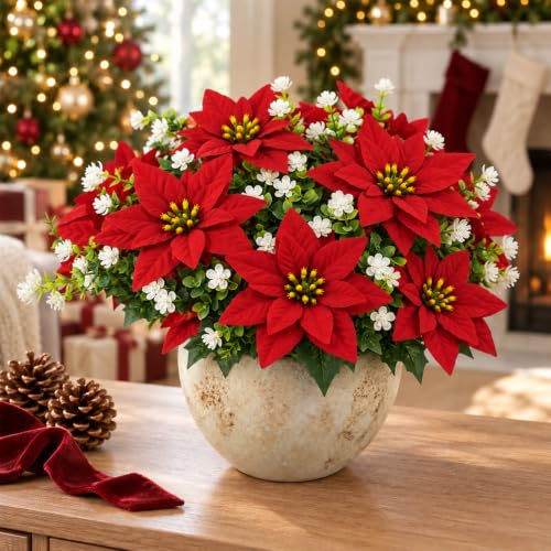Artificial Poinsettia Flowers Set - 13 Pcs Red & White Camellias for Holiday Decor