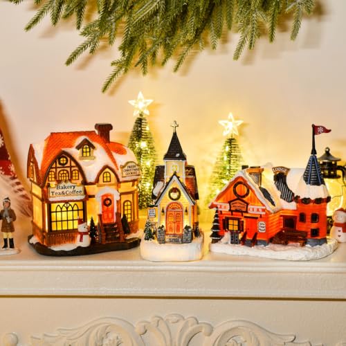 Lighted Christmas Village Sets 3 Resin Houses with LED Lights, Holiday Decor