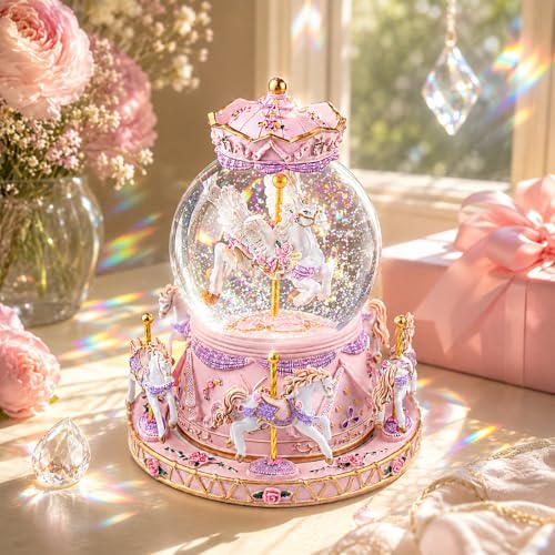 Unicorn Carousel Snow Globe Music Box, Rotating Musical Keepsake Gift