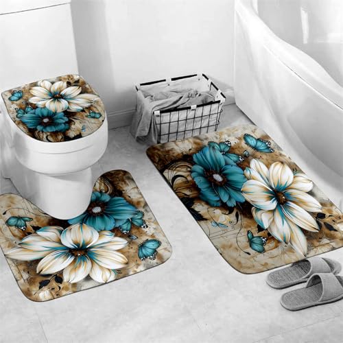 4-Piece Floral Shower Curtain and Bathroom Rug Set with Hooks