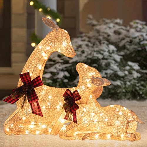 SUNJOY 2-Pack Lying Deer Christmas Holiday Decor with Lights, 3D Tinsel Santa Indoor Outdoor