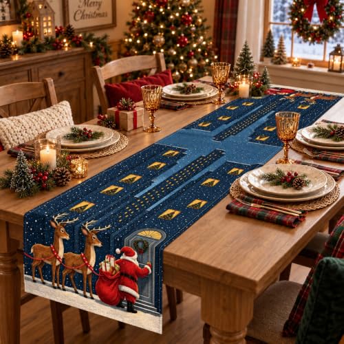 Bigwish Christmas Night Santa Reindeer Table Runner 13 x 90 Inch Holiday Decor